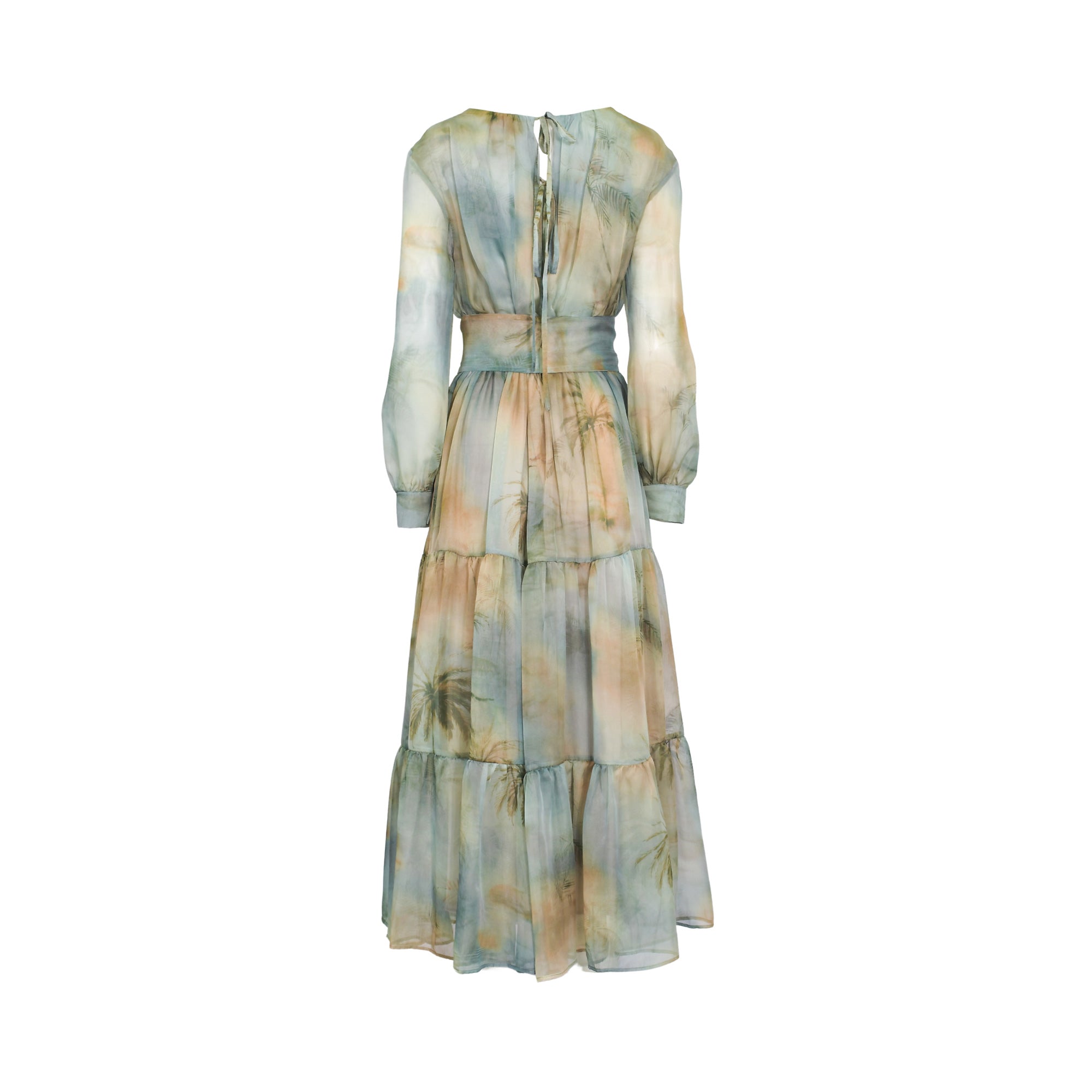 Back studio shot of the multicolor Milva Mi tropical print maxi dress, showing the clean tiered layers and the delicate keyhole neckline with tie closure.