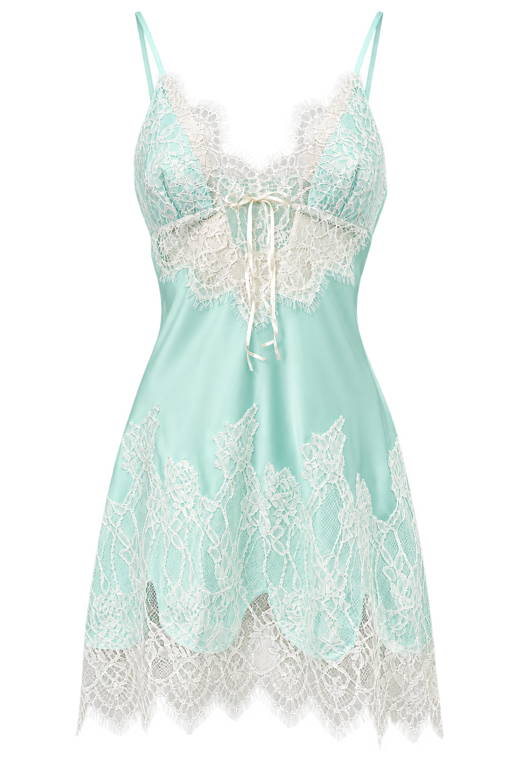 Mint satin camisole and shorts set with white eyelash lace trim on V-neckline, bust, and hems. Off-white ribbon tie at front.