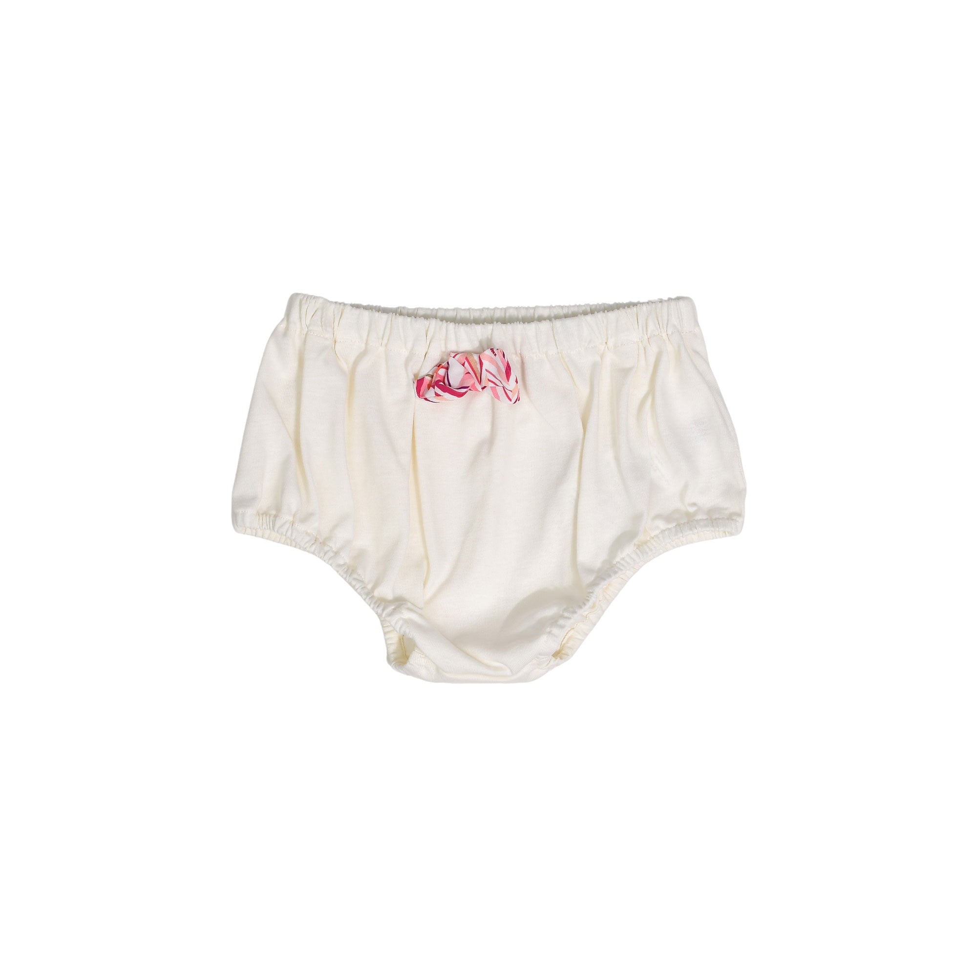 Front view of the accompanying off-white baby diaper cover, featuring an elasticated waistband and a small pink zigzag print bow at the center front.