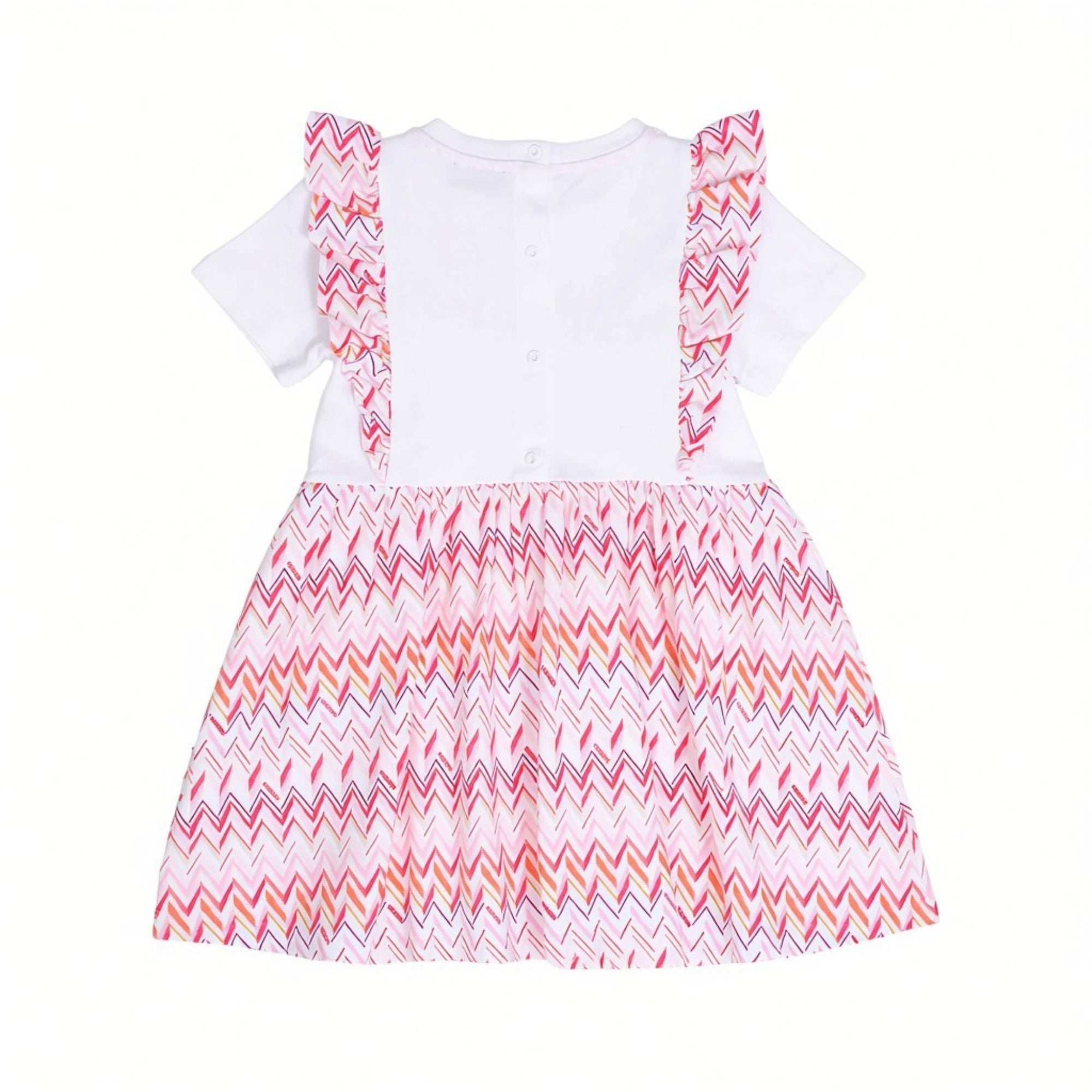 Back view of a white Missoni baby girl dress displaying snap-button closures along the center back and colorful chevron-patterned shoulder ruffles.