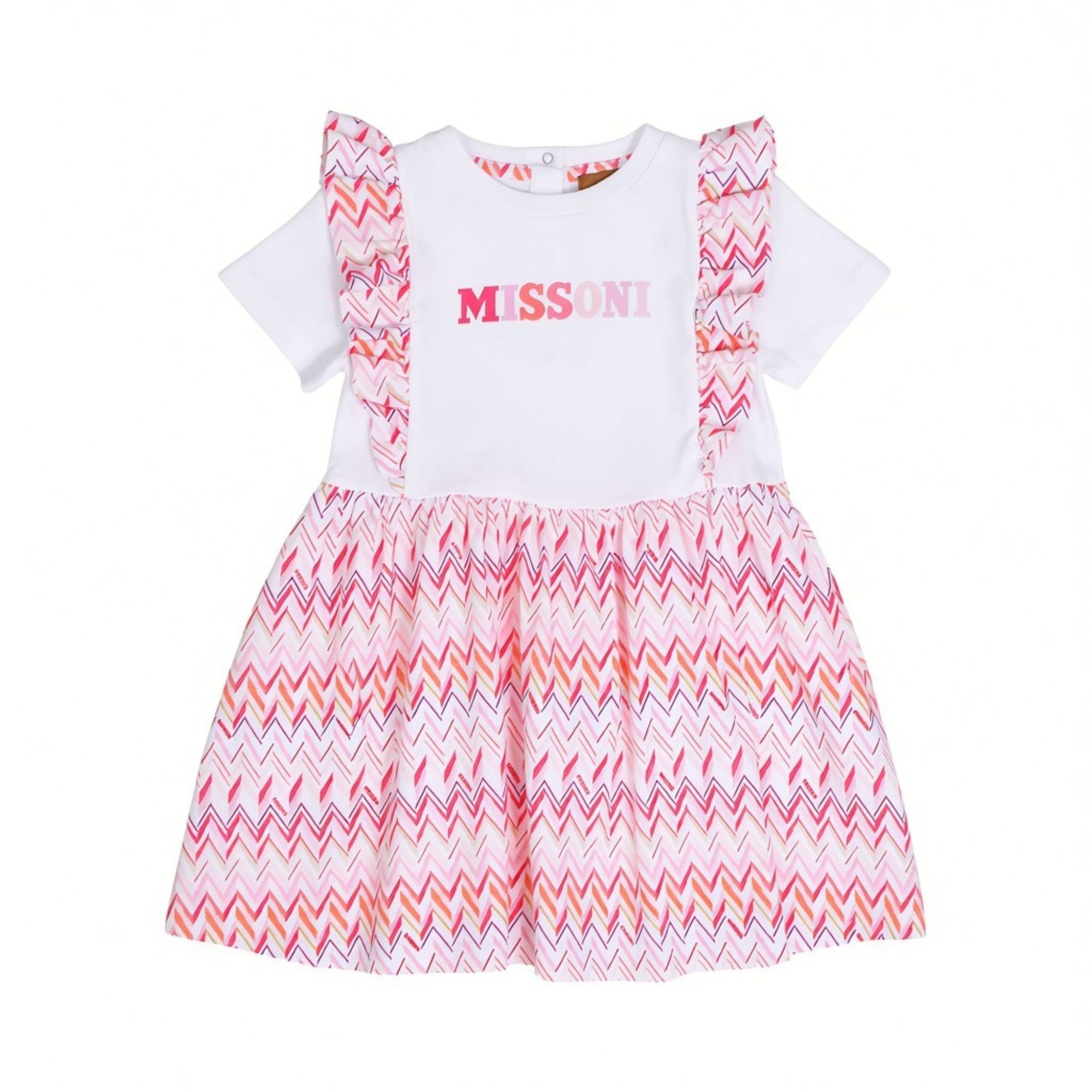 Front full-length view of a white Missoni baby girl dress featuring a signature pink, orange, and purple zigzag pleated skirt and shoulder ruffles.
