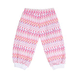 Back view of the Missoni baby trousers, showcasing the continuous signature zigzag pattern and gathered elastic waistband.