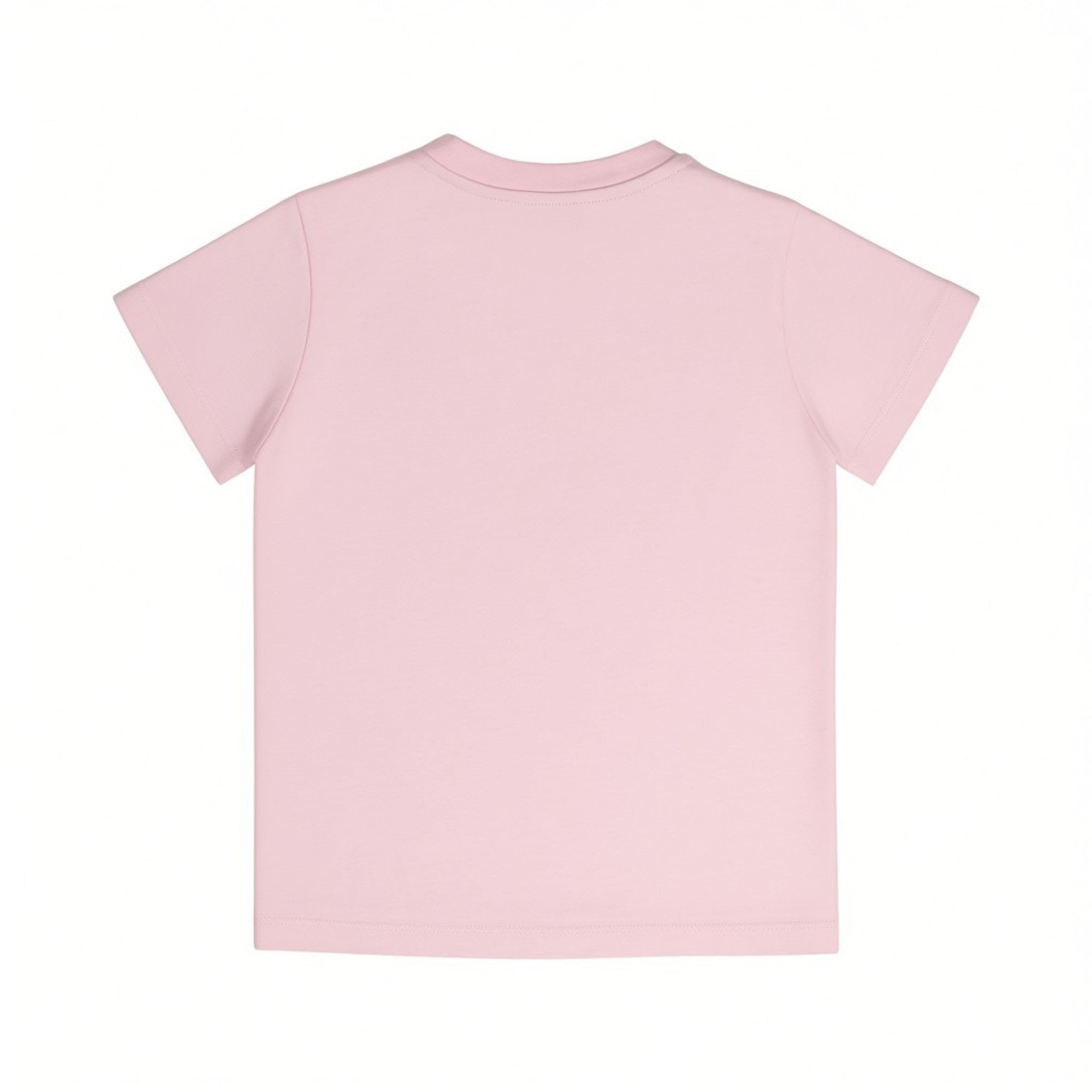 Rear flat-lay view of a Missoni girls light pink short-sleeved cotton T-shirt showcasing a clean, solid pink back and stitched hem details.