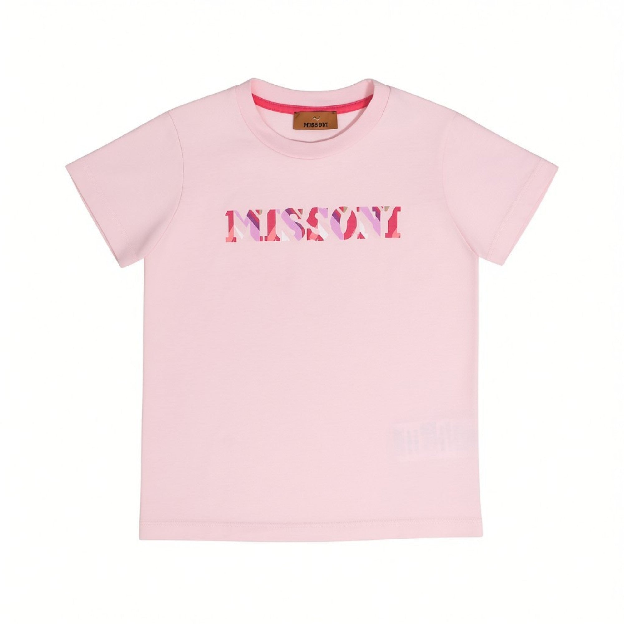 Front flat-lay view of a Missoni girls light pink short-sleeved cotton T-shirt featuring the MISSONI logo printed in a multi-colored zigzag pattern across the chest.