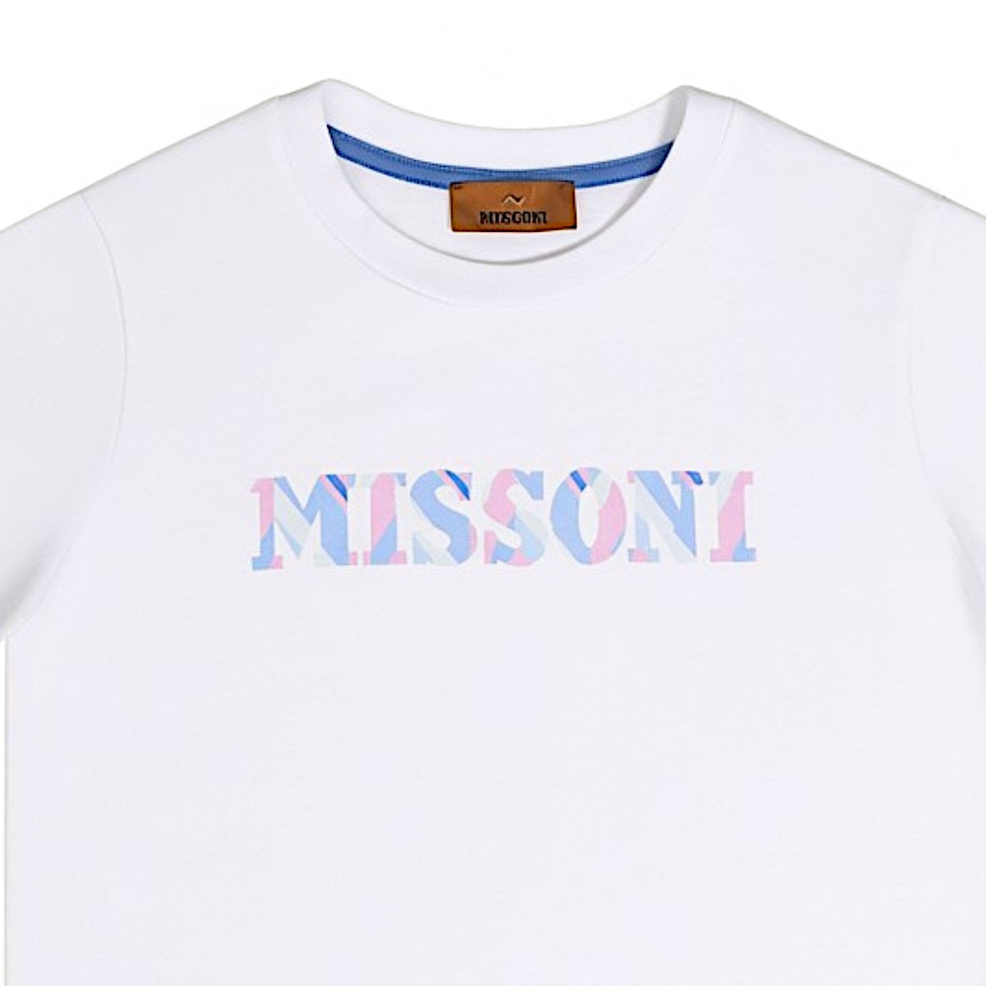 Close-up detailed shot of the Missoni white T-shirt neckline, showing the brown branded inner label and the pink, purple, and red patterned zigzag logo text print.