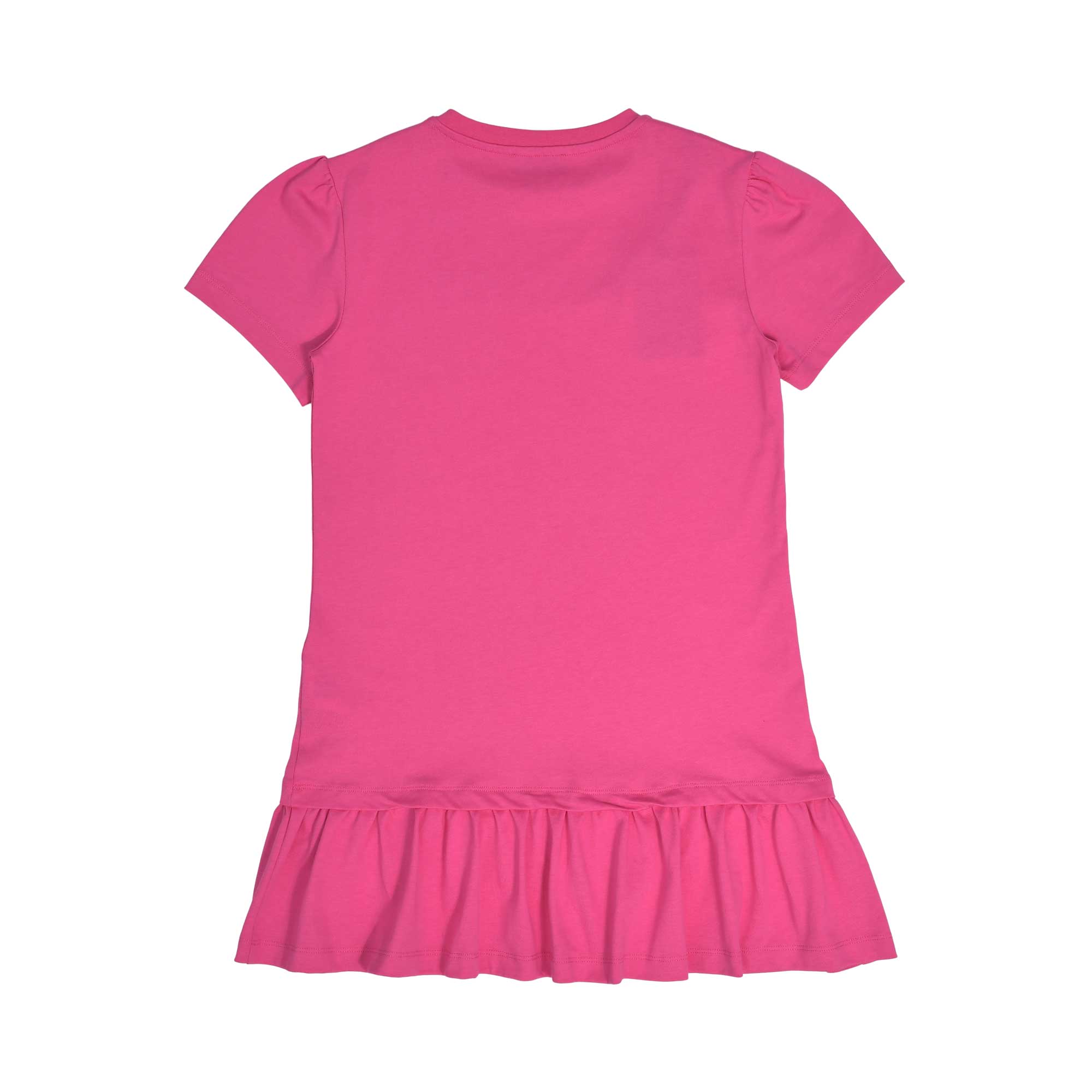Back view of a plain kids' short-sleeve fuchsia pink cotton dress showcasing the clean silhouette and ruffled hem against a white background.