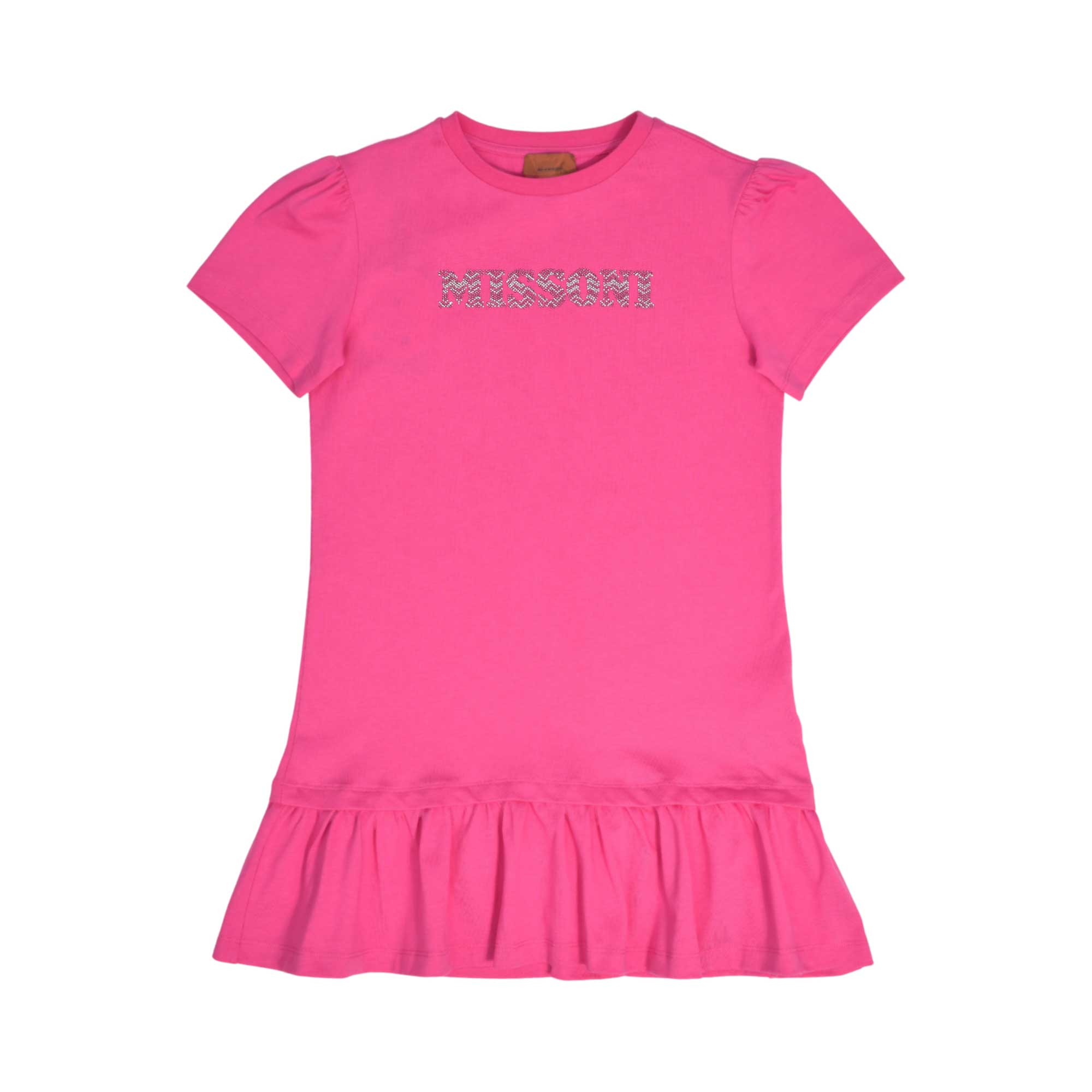Front view of a kids' short-sleeve fuchsia pink jersey dress featuring a crystal-embellished Missoni logo across the chest and a ruffled drop-waist hemline.