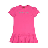 Front view of a kids' short-sleeve fuchsia pink jersey dress featuring a crystal-embellished Missoni logo across the chest and a ruffled drop-waist hemline.