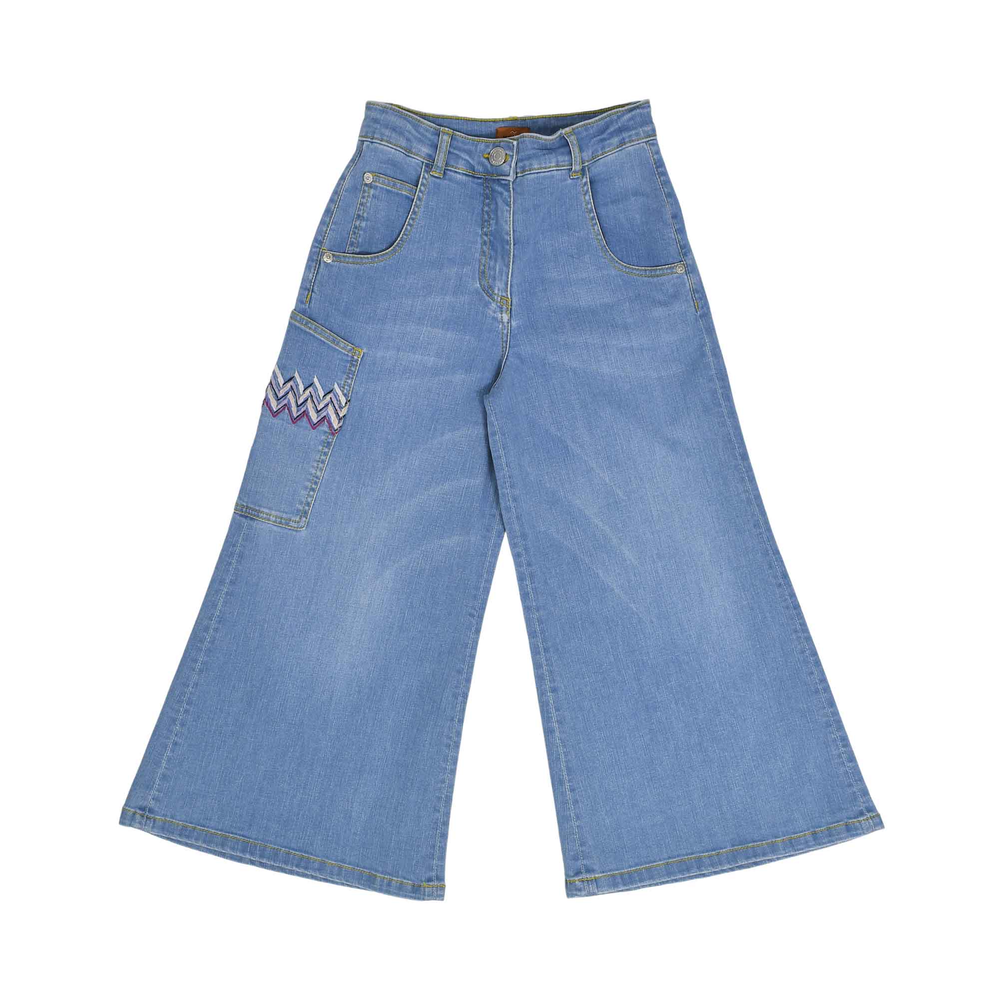 Front view of the Missoni kids blue denim jeans, showing the classic waistband, stitching details, and relaxed fit.