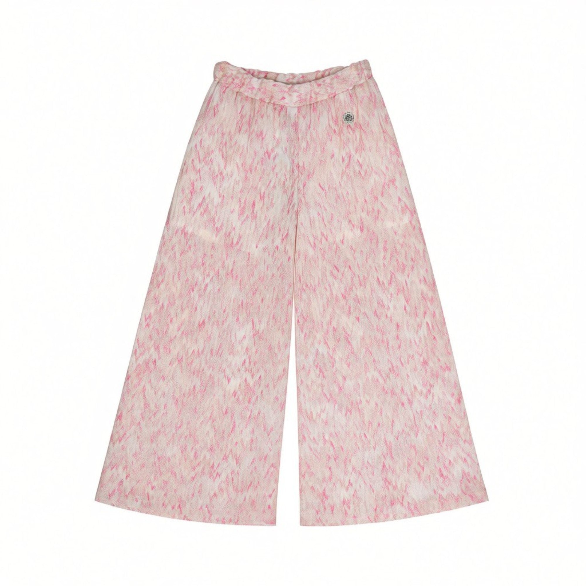 Front view of the Missoni kids knit trousers showcasing a wide-leg cut, an elasticized waistband, and an all-over abstract zigzag pattern in shades of pink.