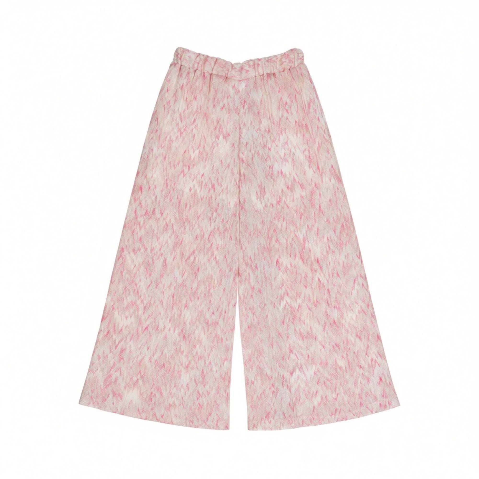 Back view of the Missoni kids relaxed trousers, emphasizing the comfortable elastic waistband and the continuous abstract pink chevron motif.
