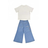 Back flat lay view of the Missoni kids set showing the plain reverse of the white T-shirt and the back pockets of the blue denim jeans.