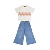 Front flat lay view of the Missoni kids two-piece set featuring a white short-sleeve logo T-shirt and a pair of classic blue denim jeans.