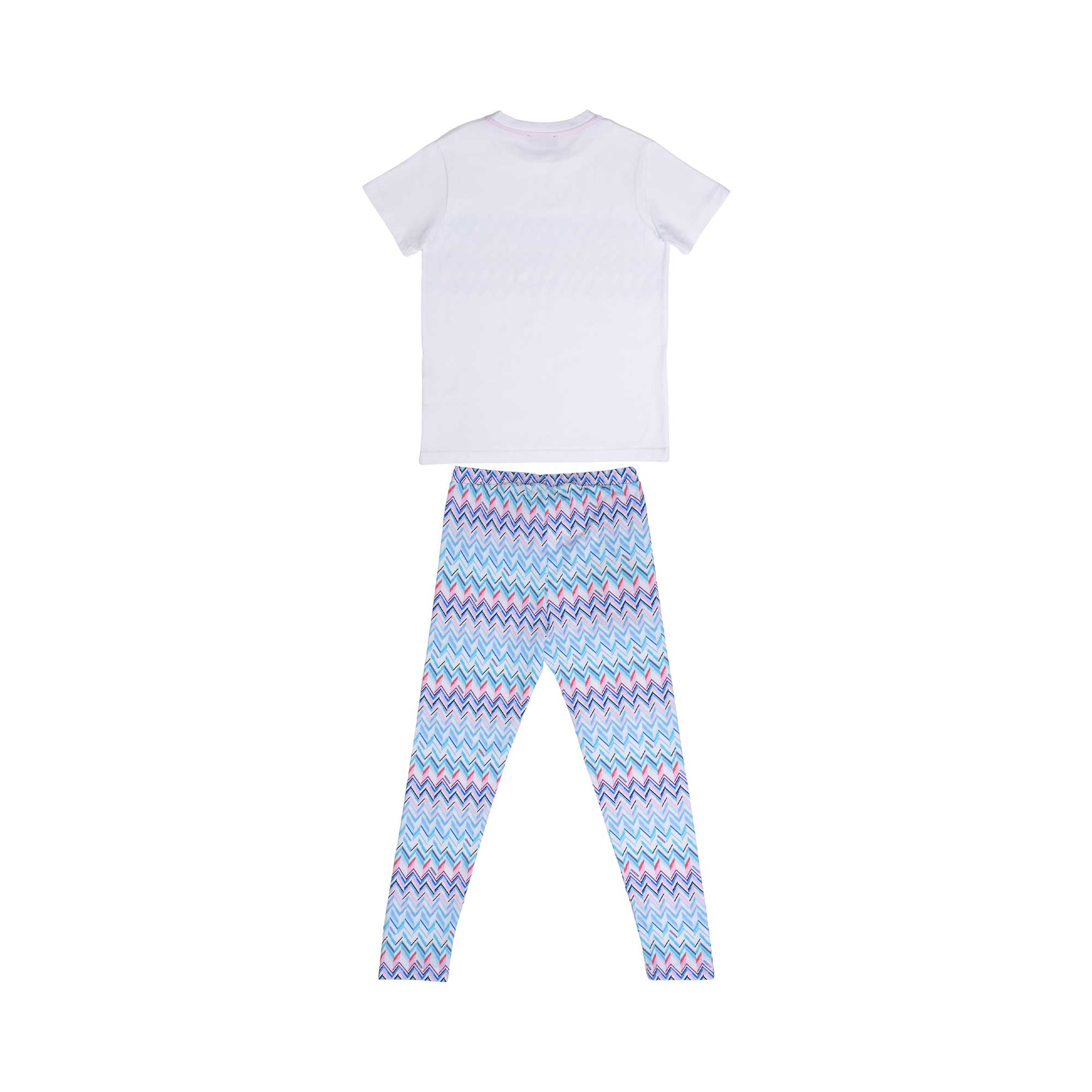Back view of the Missoni kids two-piece set showing the plain white back of the T-shirt and the continuous all-over colorful zigzag pattern on the leggings.