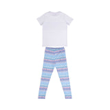 Back view of the Missoni kids two-piece set showing the plain white back of the T-shirt and the continuous all-over colorful zigzag pattern on the leggings.