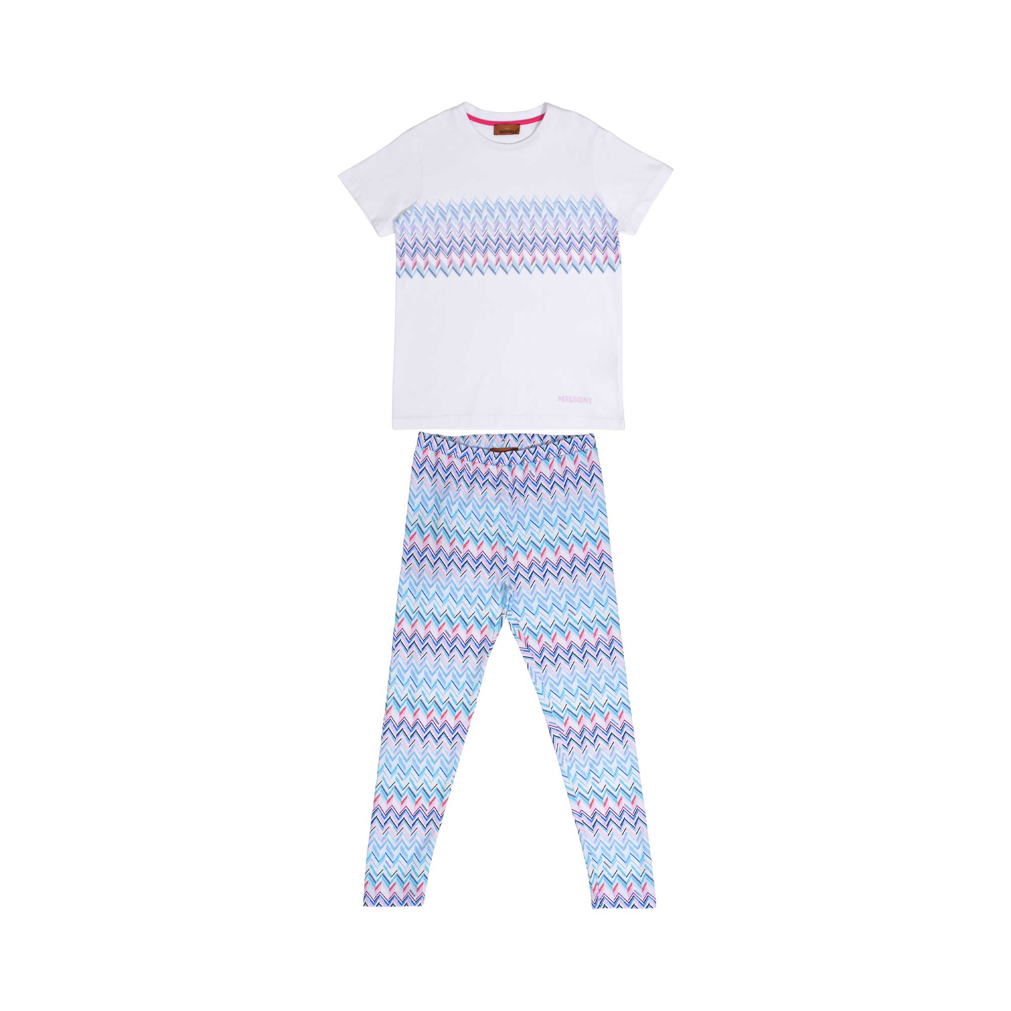 Front view of a Missoni kids two-piece set featuring a white short-sleeve T-shirt with a colorful zigzag chest band paired with matching blue and pink chevron leggings.