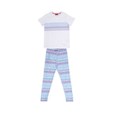 Front view of a Missoni kids two-piece set featuring a white short-sleeve T-shirt with a colorful zigzag chest band paired with matching blue and pink chevron leggings.