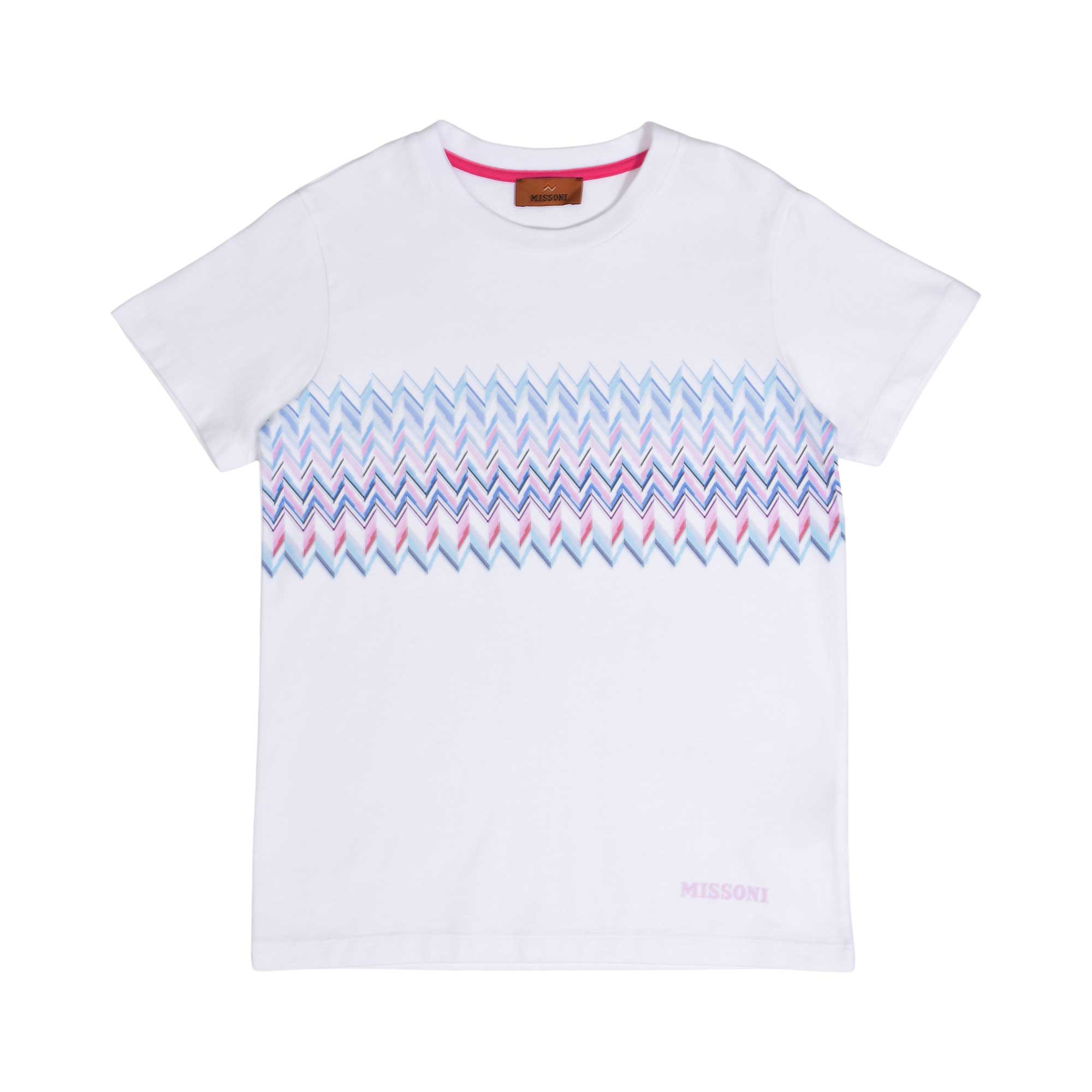 Front close-up of the Missoni kids white crewneck T-shirt, highlighting the blue, purple, and coral zigzag graphic across the chest and the subtle brand logo at the hem.