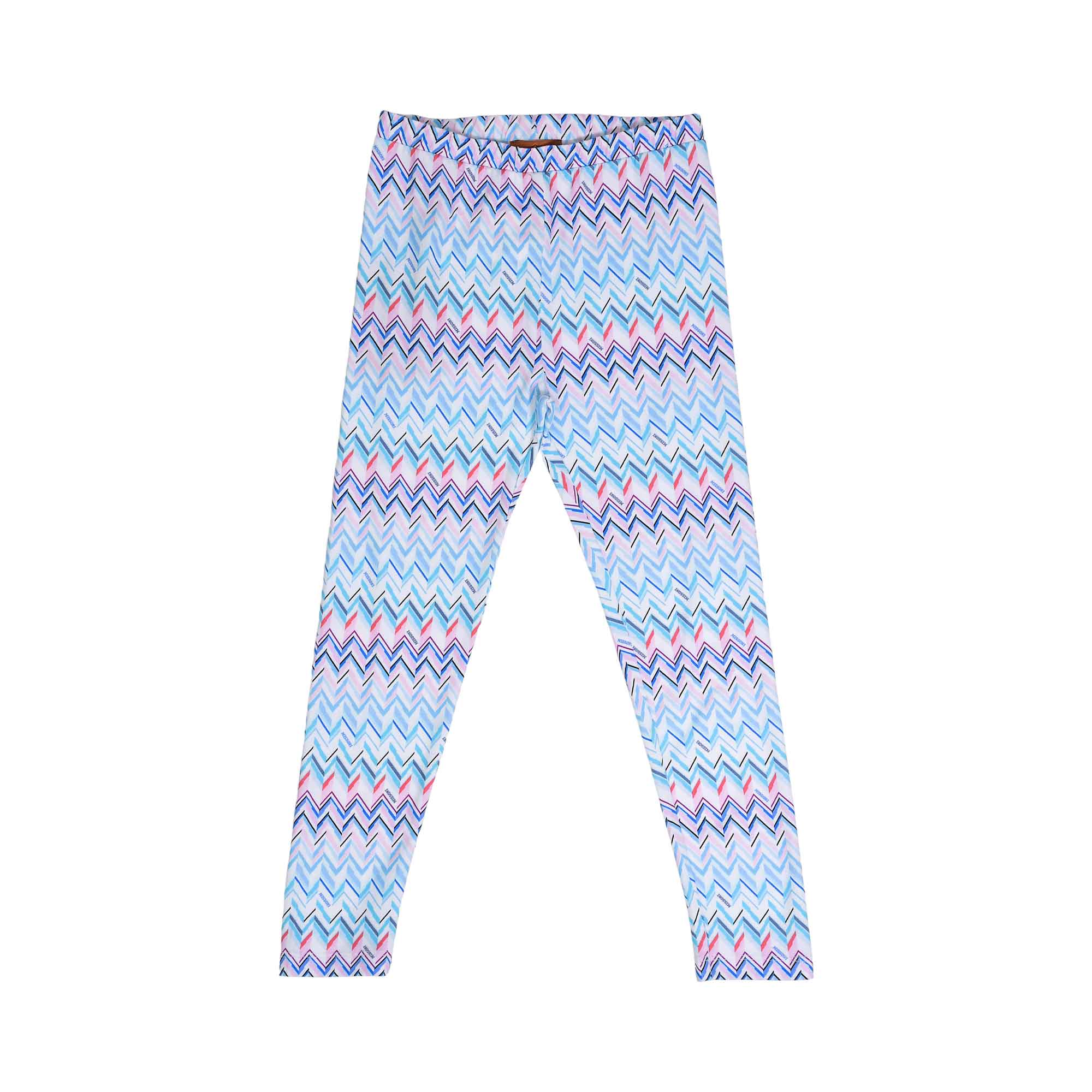 Front view of the Missoni kids leggings featuring an all-over signature chevron print in shades of blue, pink, and purple with an elastic waistband.