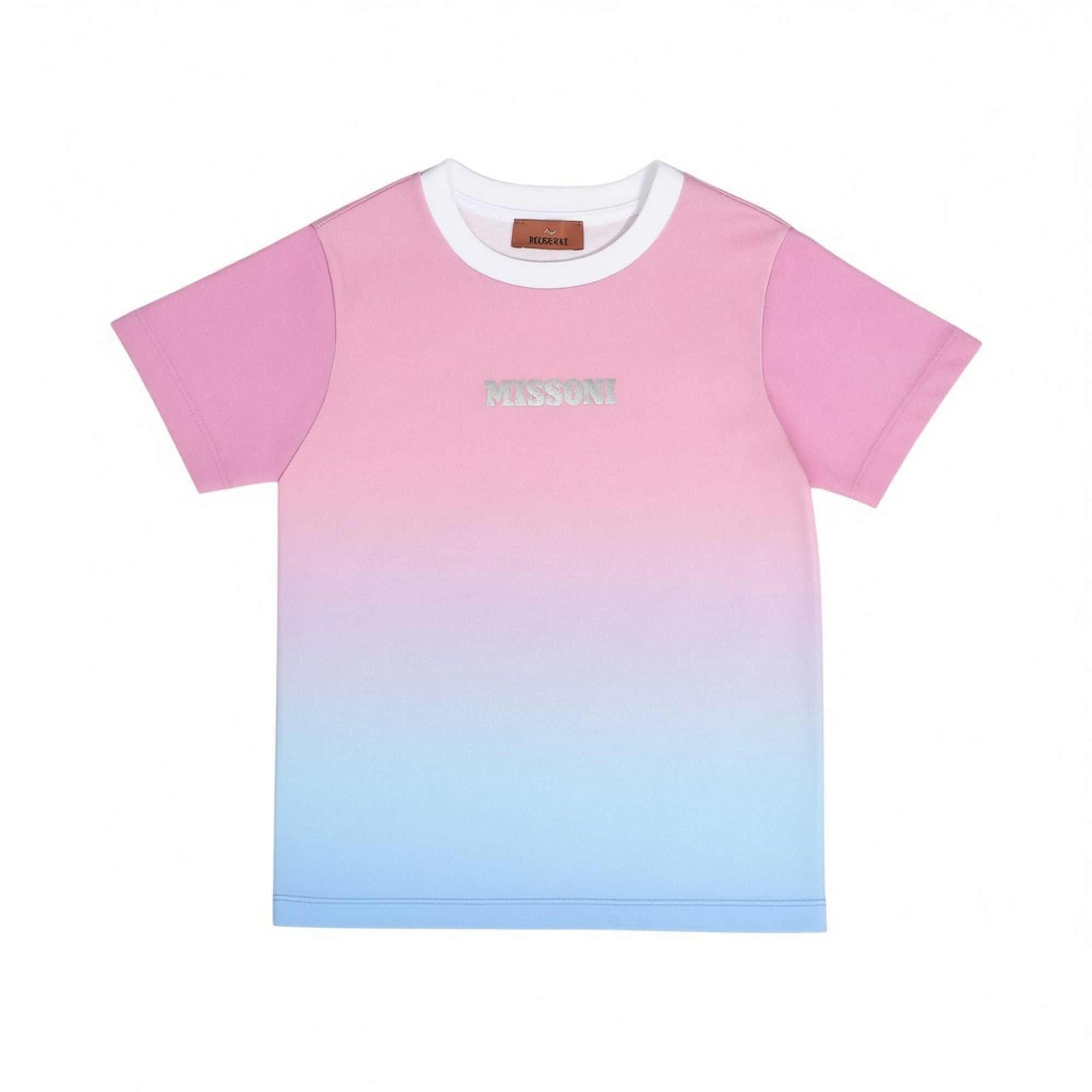 Front flat-lay view of a Missoni kids short-sleeved cotton T-shirt featuring a pink-to-blue gradient ombré design and a contrast white crewneck.