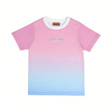 Front flat-lay view of a Missoni kids short-sleeved cotton T-shirt featuring a pink-to-blue gradient ombré design and a contrast white crewneck.