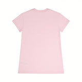 Back view of a plain kids' short-sleeve light pink cotton jersey dress against a white background.