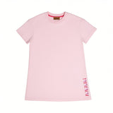Front view of a kids' short-sleeve light pink cotton jersey dress featuring a vertical Missoni logo print on the lower right hem against a white background.