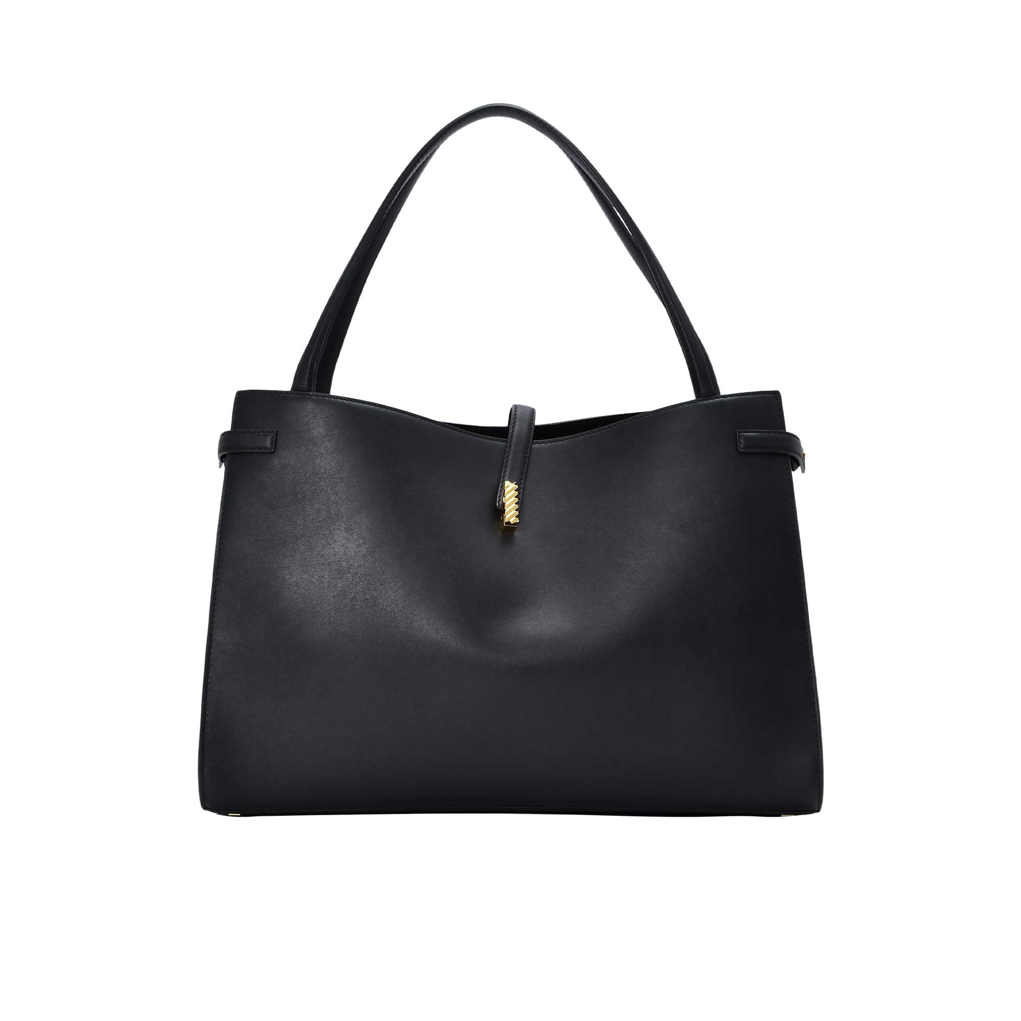 Front view of the Mlouye Naomi tote bag in smooth black leather with a unique curved topline and a vertical gold twist clasp.