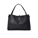 Front view of the Mlouye Naomi tote bag in smooth black leather with a unique curved topline and a vertical gold twist clasp.