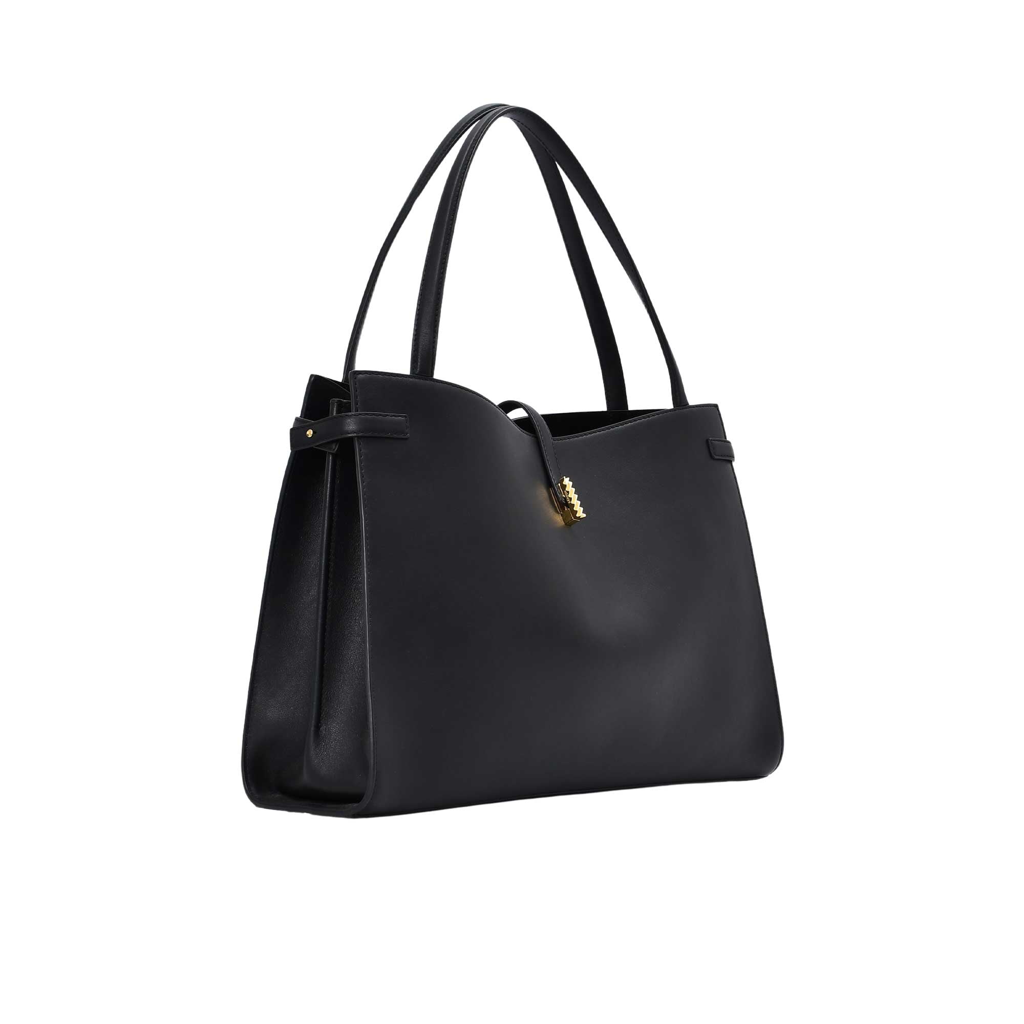 Perspective view of the Mlouye Naomi bag from the left, highlighting the structured side gussets and slim double shoulder straps.