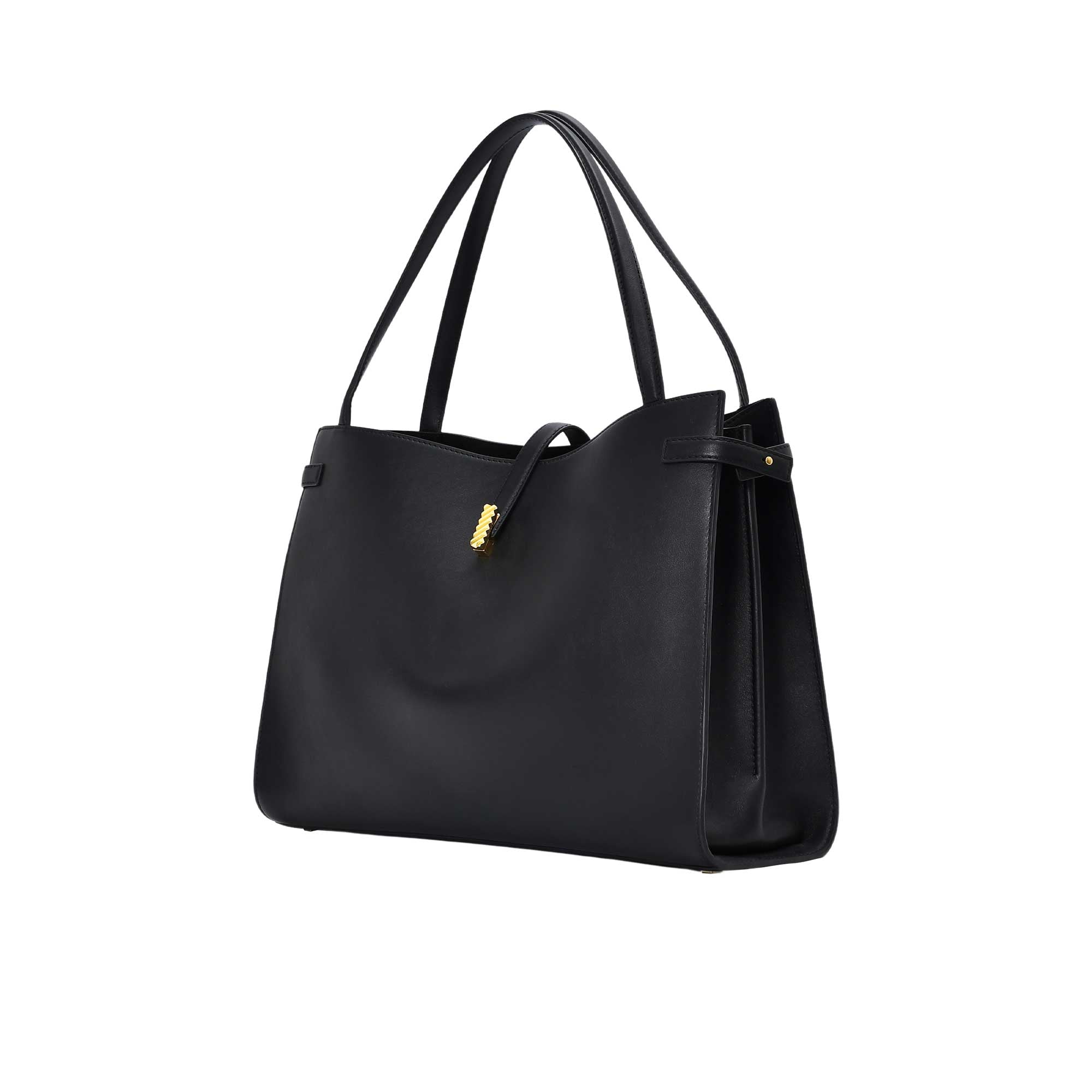 Right perspective view of the black leather Mlouye bag, showing the side strap detail and the depth of the tote’s architectural silhouette.
