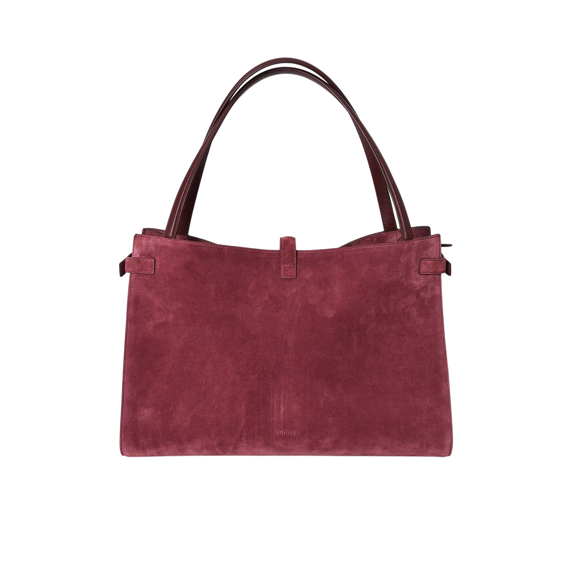 Maroon handbag with brown handles on a white background