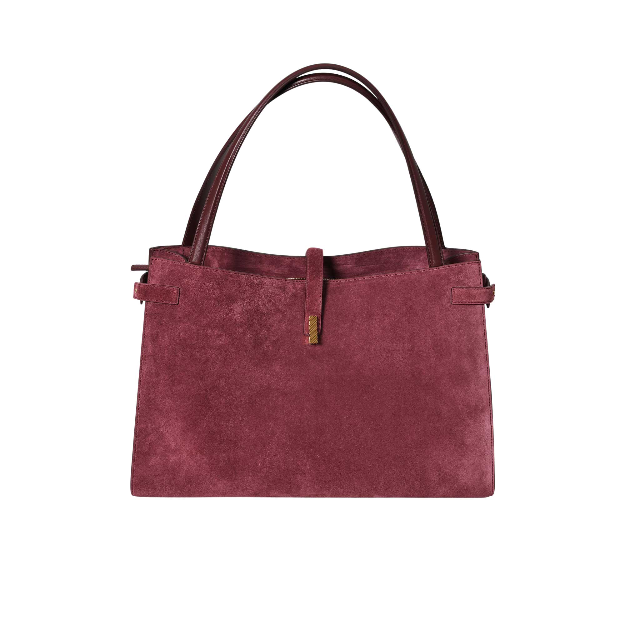 Maroon handbag with brown handles on a white background.