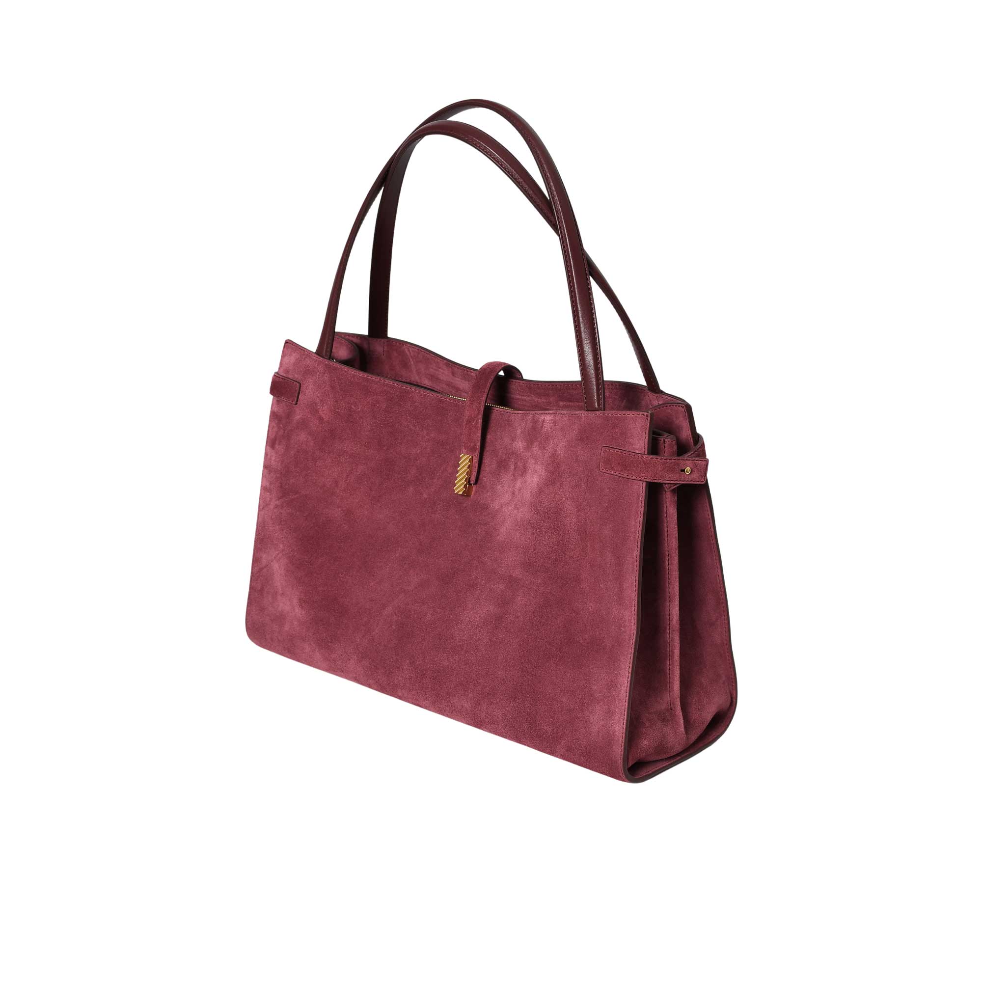 Maroon handbag with brown handles on a white background.