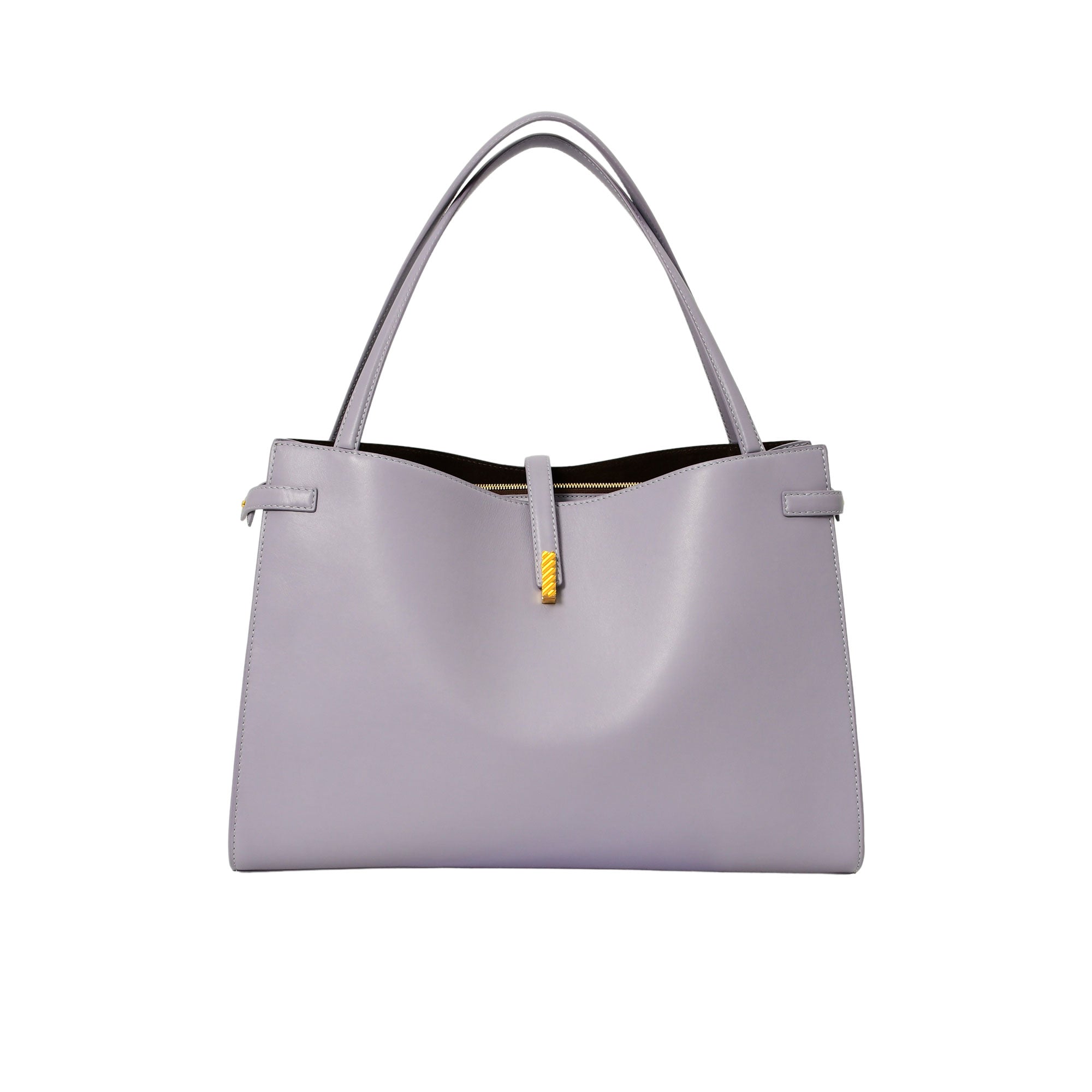 Light gray handbag with a yellow tag on a white background.