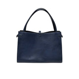 Navy blue handbag with a strap on a white background.
