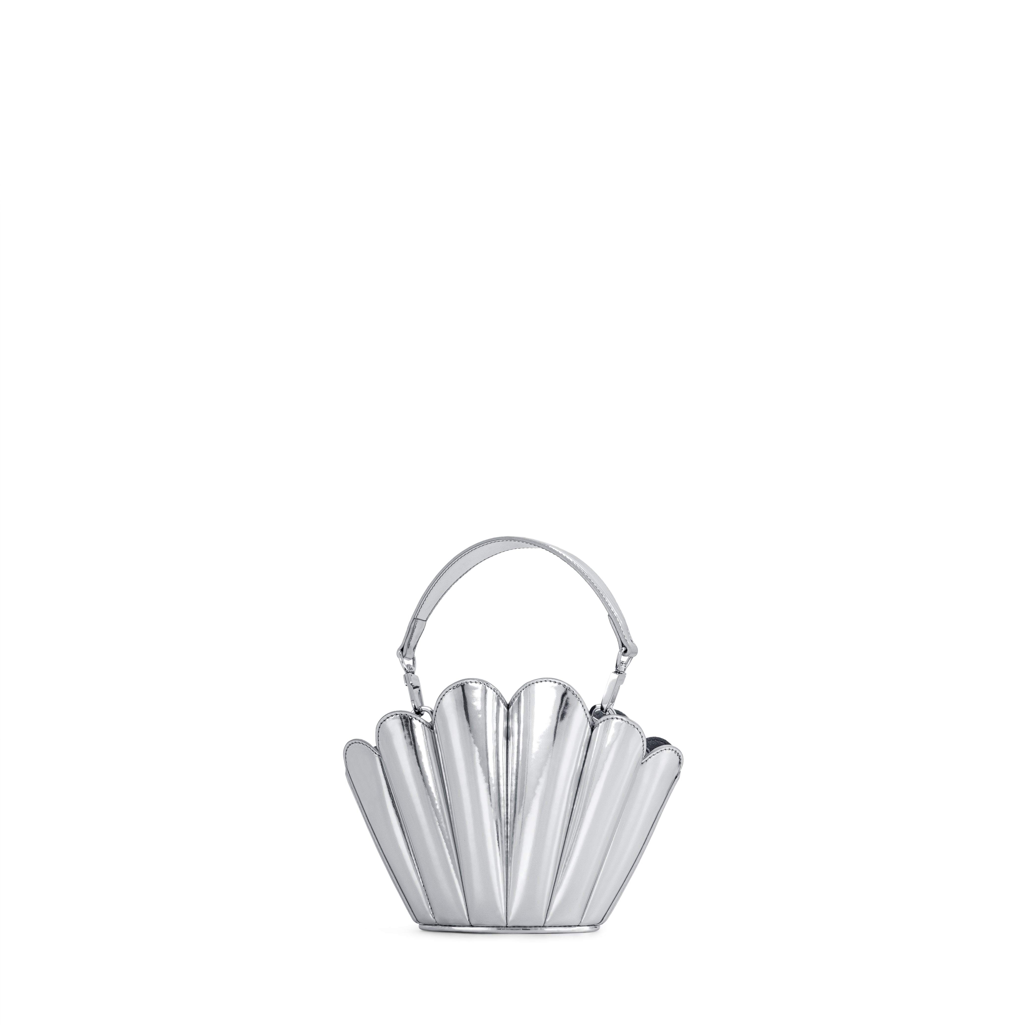 A front-facing shot of a micro-sized handbag in high-shine silver mirror metallic leather, featuring a structured scalloped seashell silhouette and a curved top handle.