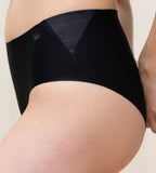Model close-up side view of the Triumph Flex Smart black maxi panty, highlighting the high-waisted coverage and smooth, seamless fabric. Available Online at Blue Salon Qatar