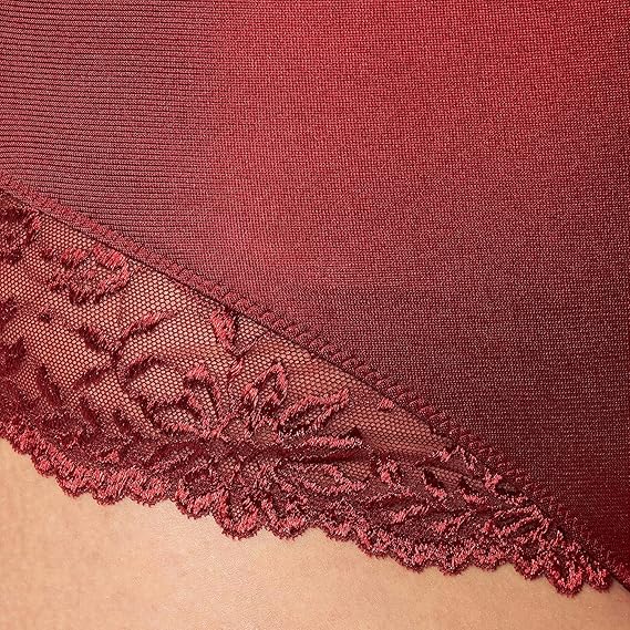 Model close-up view of the Triumph Ladyform Soft red maxi panty, highlighting the decorative lace inserts. Available for Online Purchase
