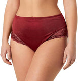 Model front view of the Triumph Ladyform Soft red maxi panty, highlighting the high-waisted silhouette and decorative lace inserts. Available for Online Purchase