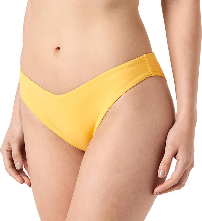 Model side view of the Triumph Flex Smart Summer saffron yellow Brazilian bikini bottoms, highlighting the high-leg cut and seamless edges. Available Online