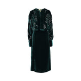 Momonì emerald green velvet midi dress with intricate silver-toned floral embroidery on the chest and sleeves, featuring a round neckline and long sleeves, set against a plain white background.