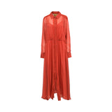 A long-sleeved, midi-length red dress with a sheer mesh overlay on the chest and a button-up front, displayed on a clean white background.