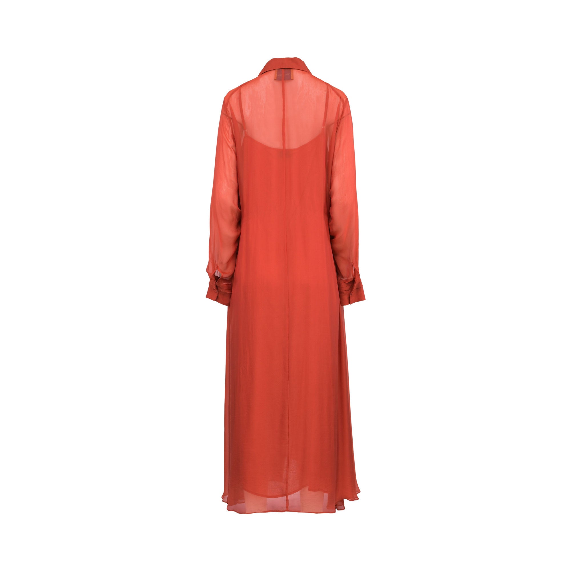 A long-sleeved, floor-length sheer red dress shown from the back, featuring a collar and a semi-transparent overlay, displayed on a clean white background.