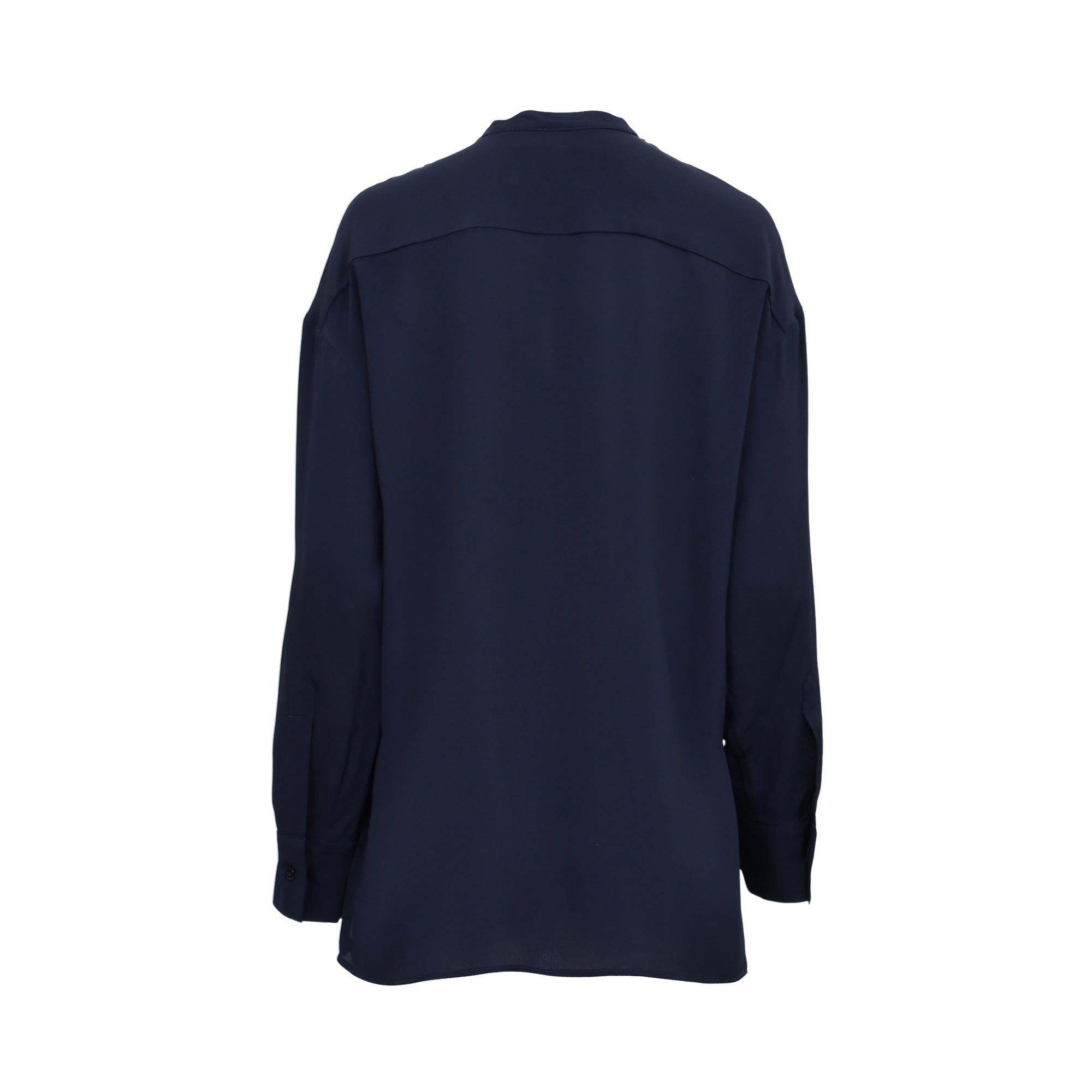 Back view of the Momoni navy blue silk blouse, showcasing its clean relaxed fit, dropped shoulder seams, and a horizontal back yoke detail.