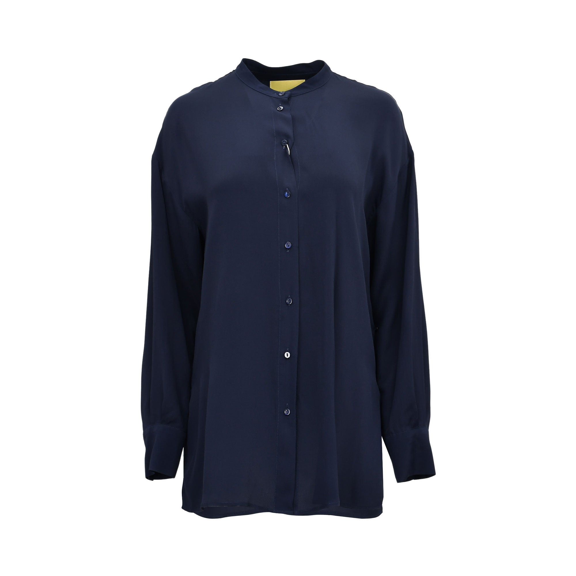 Front view of a Momoni long-sleeve button-down shirt in navy blue, featuring a minimalist band collar, relaxed drape, and tonal front buttons.