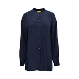Front view of a Momoni long-sleeve button-down shirt in navy blue, featuring a minimalist band collar, relaxed drape, and tonal front buttons.