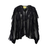 Front view of a Momonì black sheer silk-chiffon blouse featuring vertical cascading ruffles, a V-neckline, and long voluminous sleeves on a white background.