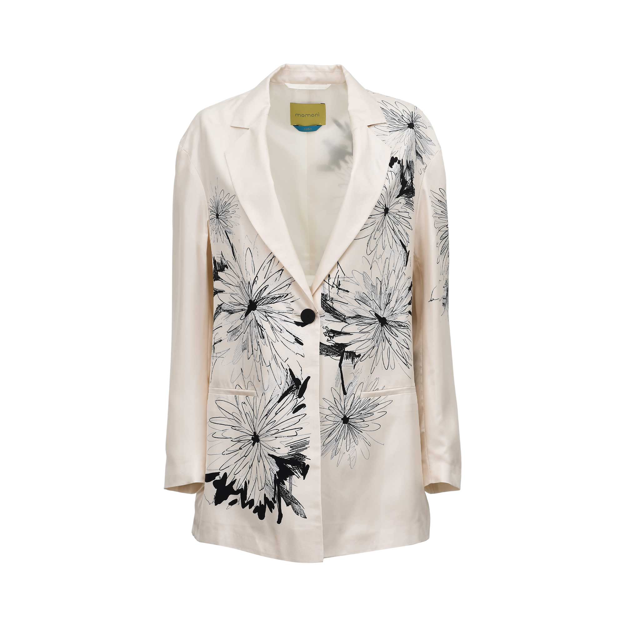 Front view of a Momoni single-breasted blazer in cream, featuring a prominent black and white sketchy floral print, notched lapels, and a single black button closure.