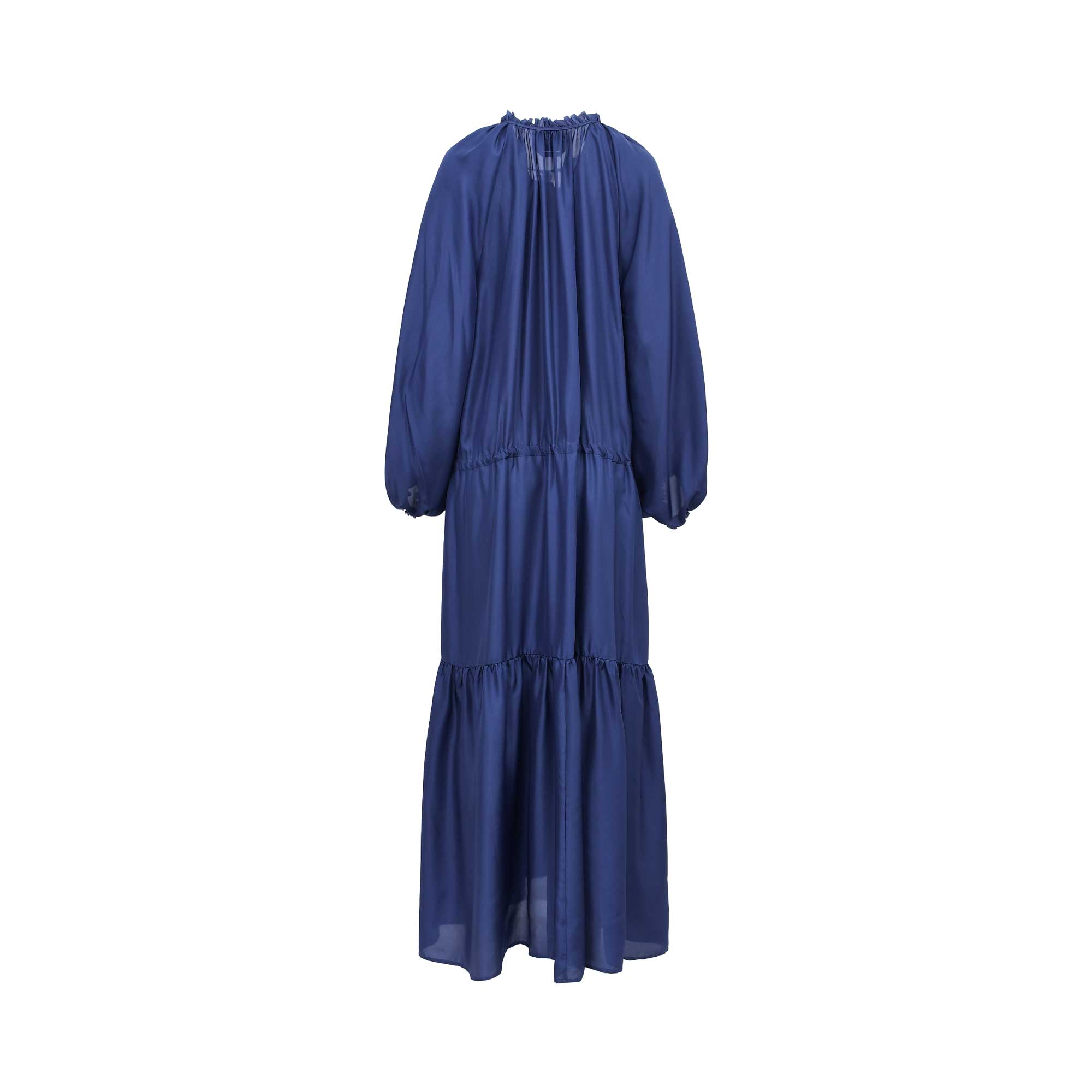 Back view of the Momoni rust blue maxi dress highlighting the fluid silk fabric and the gathered detail at the high neckline and waist.